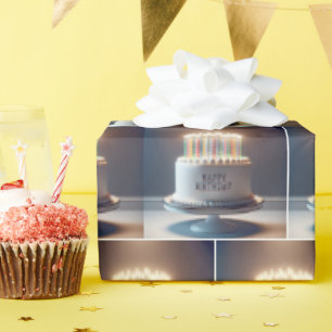 Verjaardagstaart met veel kaarsen cadeaupapier