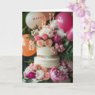 Verjaardagstaart Roze Pioenrozen Rozen Veren  Kaart