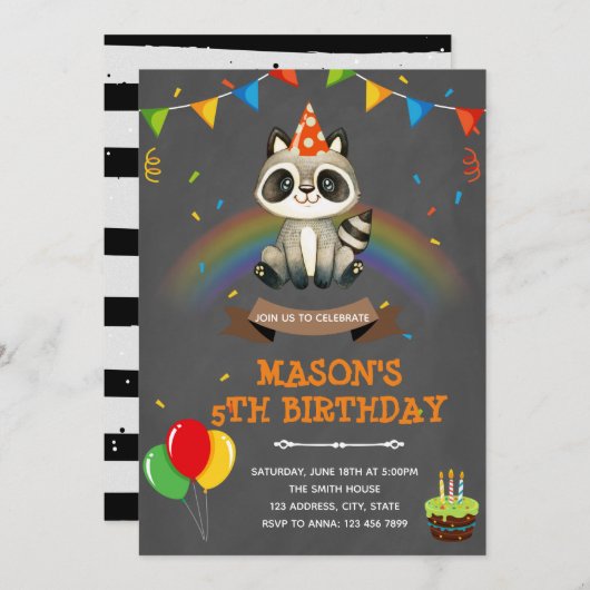 Verjaardagsthema regenboog wasbeer kaart (Voorkant / Achterkant)