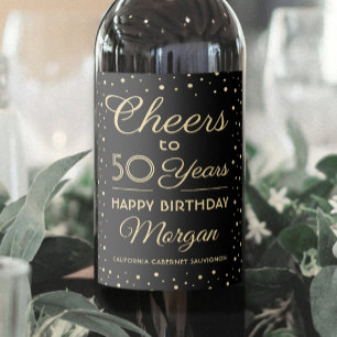 Verjaardagstoost Elegant zwart & goud confetti Wijn Etiket