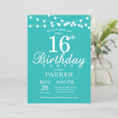 Verjaardagsuitnodiging 16 teal aqua turquoise kaart (Staand voorkant)