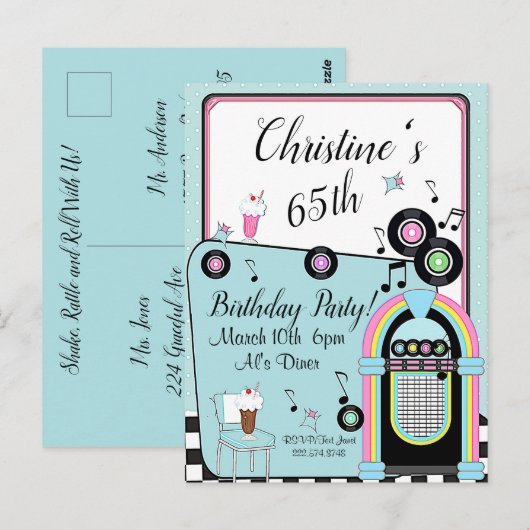 Verjaardagsuitnodiging 1950's Diner voor elke leef Briefkaart (Voorkant / Achterkant)