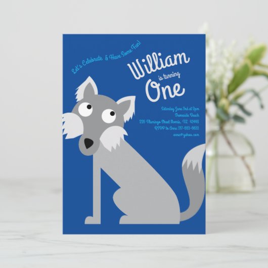 Verjaardagsuitnodiging 1e verjaardag Cute Wolf Dog Kaart (Staand voorkant)