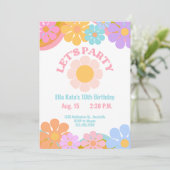 Verjaardagsuitnodiging 70s Flower Power, 70s Retro Kaart (Staand voorkant)