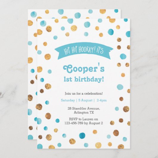 verjaardagsuitnodiging | Aqua Blue en gouden confe Kaart (Voorkant / Achterkant)