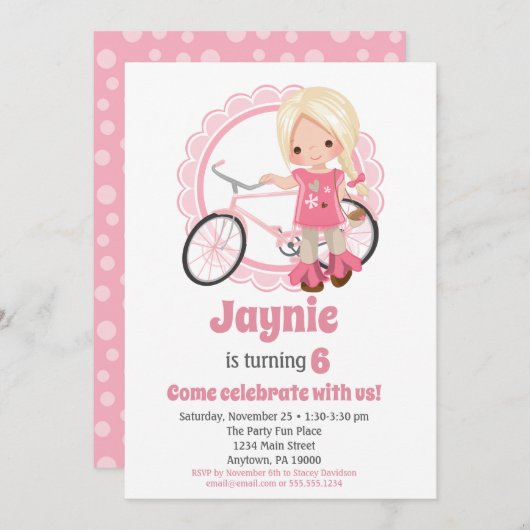 Verjaardagsuitnodiging Blond Bicycle Girl Kaart (Voorkant / Achterkant)