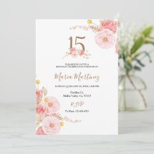 Verjaardagsuitnodiging Blush Roze Bloemen 15 jaar Kaart
