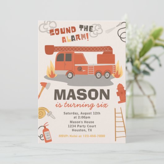 Verjaardagsuitnodiging brandweerwagen | Brandverja Kaart (Staand voorkant)