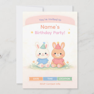 Verjaardagsuitnodiging Cute Bunny Pastel Kids Ge Kaart