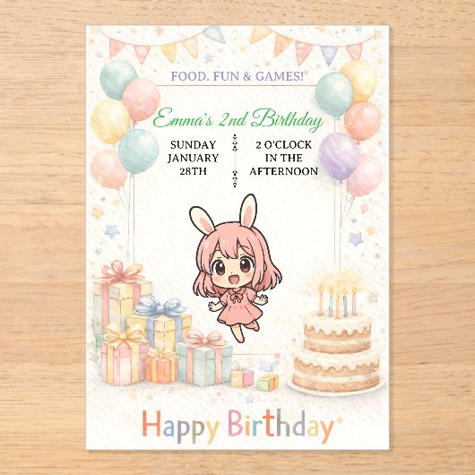 Verjaardagsuitnodiging Cute Pastel Bunny Acryl Uitnodigingen (Voorkant)