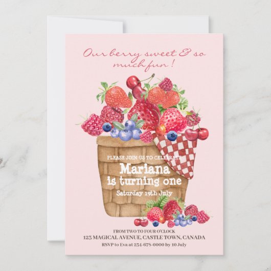 Verjaardagsuitnodiging eerste verjaardag aardbei  kaart (Voorkant)