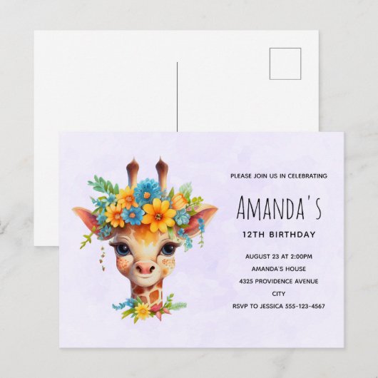Verjaardagsuitnodiging met Cute Giraffe met bloeme Briefkaart (Voorkant / Achterkant)