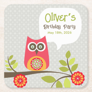 Verjaardagsuitnodiging met Cute Owl Woodland Vierkante Kartonnen Onderzetter