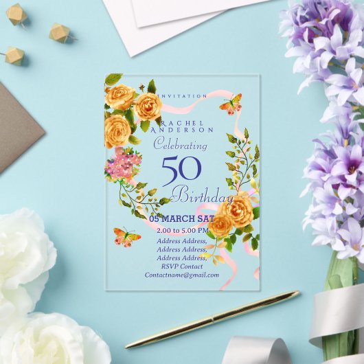 Verjaardagsuitnodiging met gouden Rozen lint Acryl Uitnodigingen (Insitu (Huwelijk))