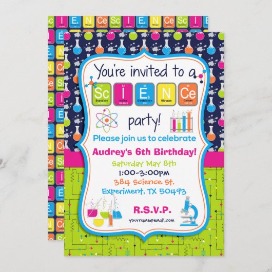 Verjaardagsuitnodiging met wetenschappelijk experi kaart (Voorkant / Achterkant)