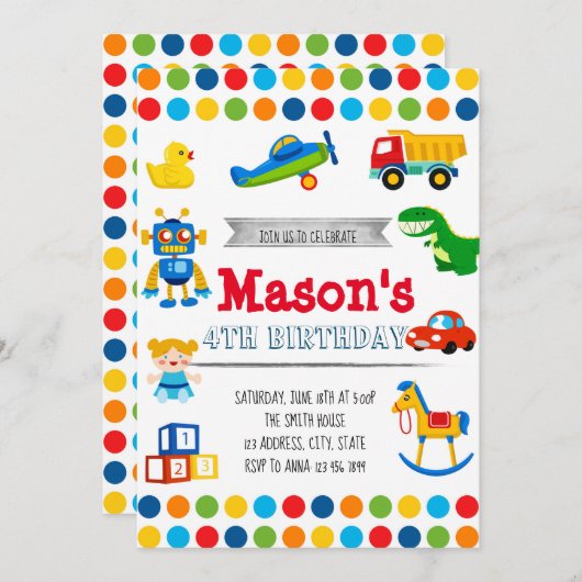 verjaardagsuitnodiging op feestdag in Toyland Kaart (Voorkant / Achterkant)