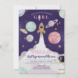 Verjaardagsuitnodiging raket Galaxy voor meisjes Kaart