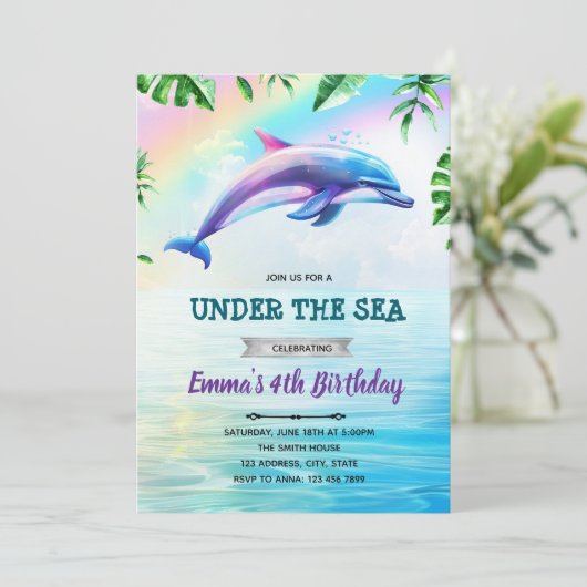 Verjaardagsuitnodiging regenboog dolfijn kaart (Staand voorkant)