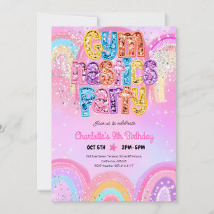 Verjaardagsuitnodiging Regenboog Lovertjes Gymnast Kaart