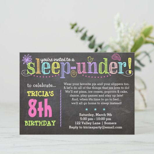 Verjaardagsuitnodiging Sleep-Under Party, Neon Kaart (Staand voorkant)