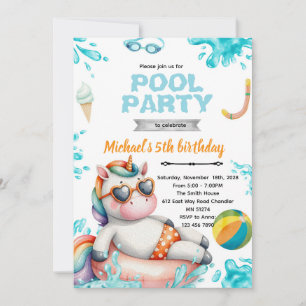 Verjaardagsuitnodiging Unicorn Pool Party Kaart
