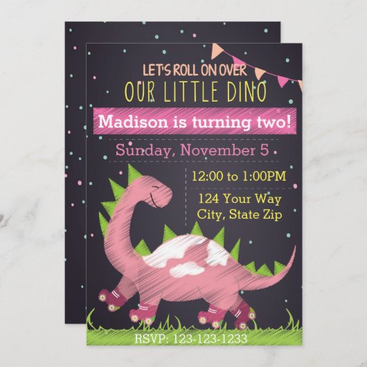 Verjaardagsuitnodiging van het Dinosaur Schaats Kaart (Voorkant / Achterkant)