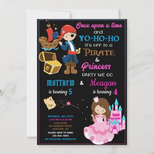 verjaardagsuitnodiging van Pirate en Princess Twee Kaart (Voorkant)