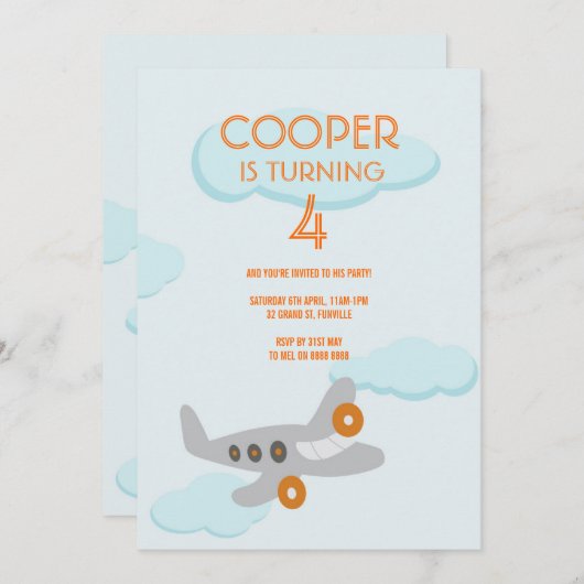 Verjaardagsuitnodiging vliegtuig kaart (Voorkant / Achterkant)