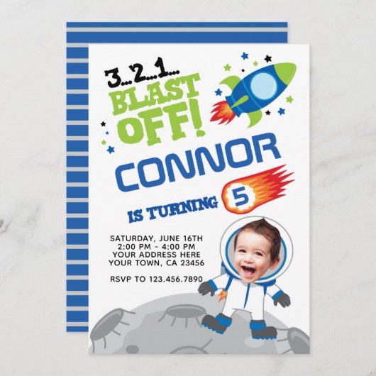 Verjaardagsuitnodiging voor astronauten, met uw fo kaart (Voorkant / Achterkant)