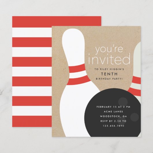 Verjaardagsuitnodiging voor bowlingfeestje (Voorkant / Achterkant)