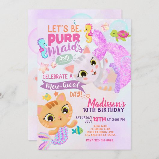Verjaardagsuitnodiging voor Cat Mermaid Purrmaids Kaart (Voorkant / Achterkant)