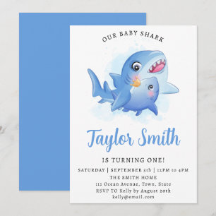 Verjaardagsuitnodiging voor Cute Baby Shark-feestj Kaart