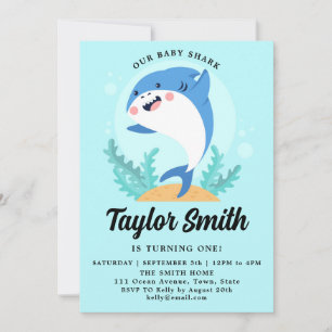 Verjaardagsuitnodiging voor Cute Baby Shark-feestj Kaart