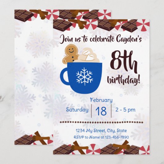 Verjaardagsuitnodiging voor hete cacaopartij kaart (Voorkant / Achterkant)