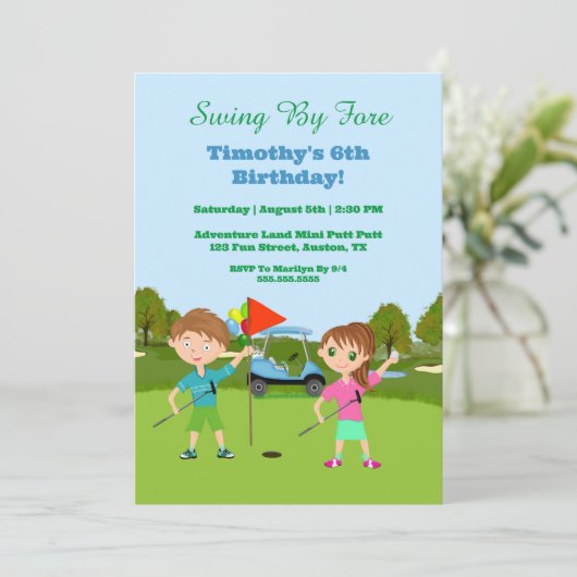 Verjaardagsuitnodiging voor Kids Golf Putt Putt Kaart (Staand voorkant)