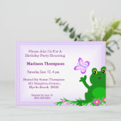 Verjaardagsuitnodiging voor meisje met kikker-them kaart (Staand voorkant)