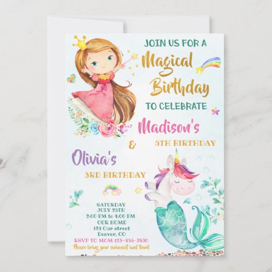 verjaardagsuitnodiging voor meisjes Mermicorn en P Kaart (Voorkant)