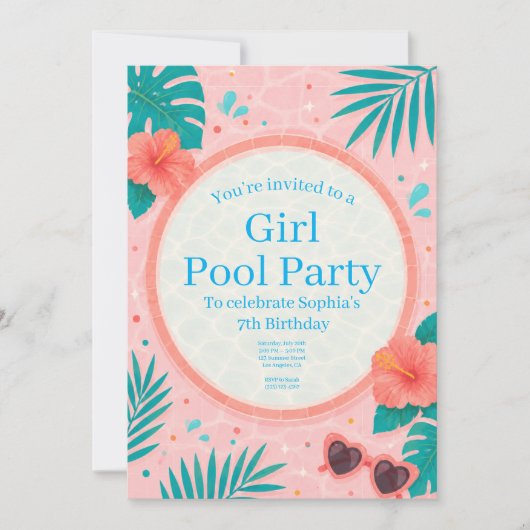Verjaardagsuitnodiging voor meisjes zwembadfeest kaart (Voorkant)