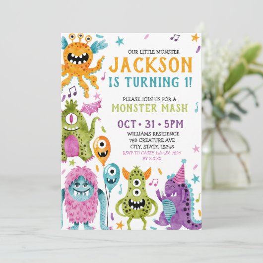 Verjaardagsuitnodiging voor onze kleine monster vo kaart (Staand voorkant)