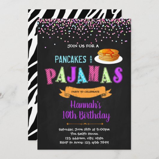 verjaardagsuitnodiging voor pyjama's en pannenkoek kaart (Voorkant / Achterkant)