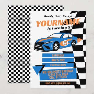 Verjaardagsuitnodiging voor raceauto (blauw) kaart
