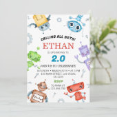 Verjaardagsuitnodiging voor ruimte robots kaart (Staand voorkant)