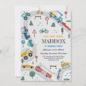 Verjaardagsuitnodiging voor vrachtwagens en auto's kaart (Voorkant)