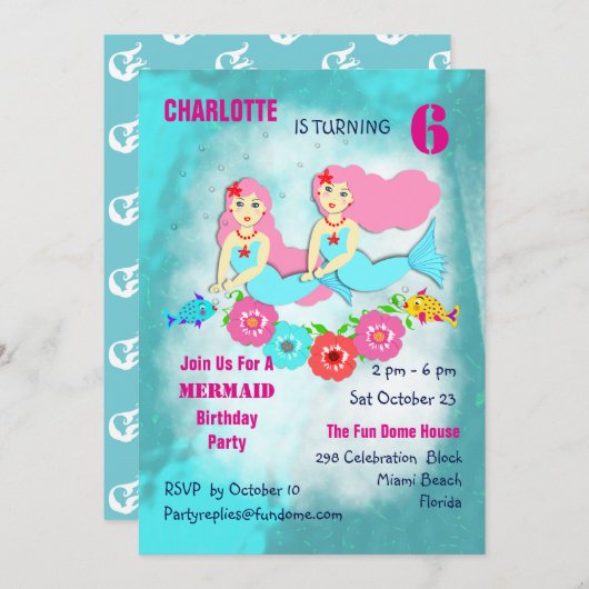 Verjaardagsuitnodiging voor zwemmende zeemeerminne kaart (Voorkant / Achterkant)