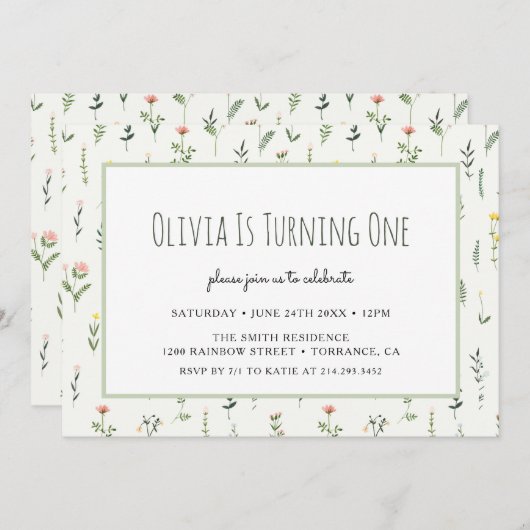 Verjaardagsuitnodiging Wildflower Garden Girl 1e v Kaart (Voorkant / Achterkant)