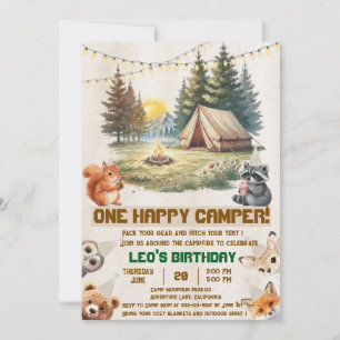Verjaardagsuitnodiging Woodland Animals Camping 1e Kaart