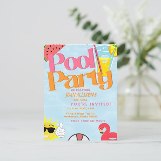 Verjaardagsuitnodiging Zomer Pool Feestje Watermel Briefkaart (Staand voorkant)
