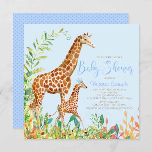 Verjaardagsuitnodigingen voor jongen giraffe baby kaart (Voorkant / Achterkant)