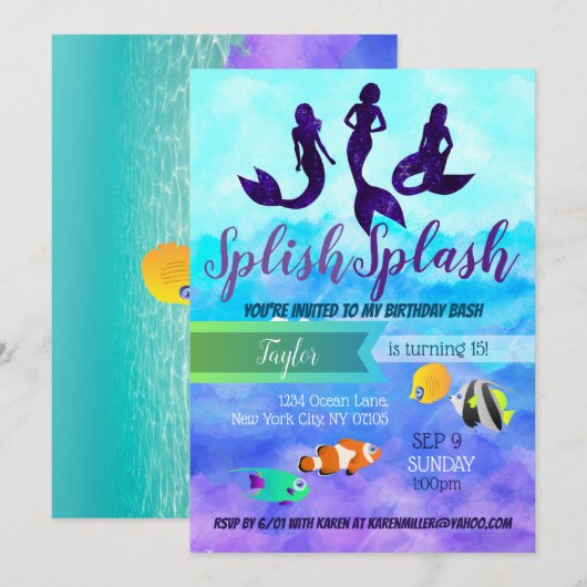 Verjaardagsuitnodigingen voor Ocean Mermaids Trio Kaart (Voorkant / Achterkant)