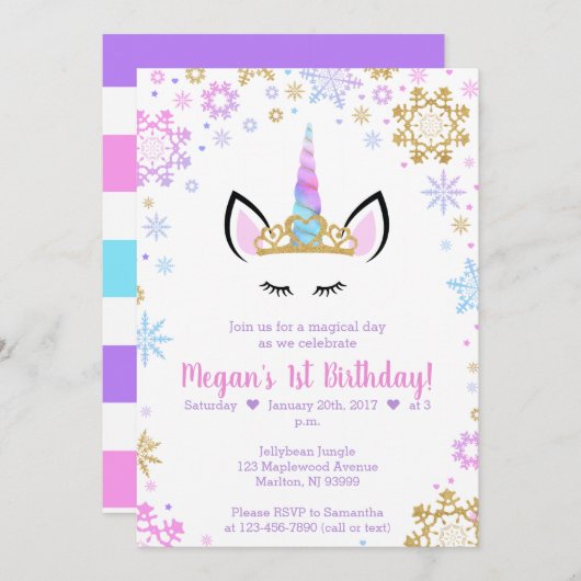 Verjaardagsuitnodigingen voor Winter Eenhoorn Kaart (Voorkant / Achterkant)